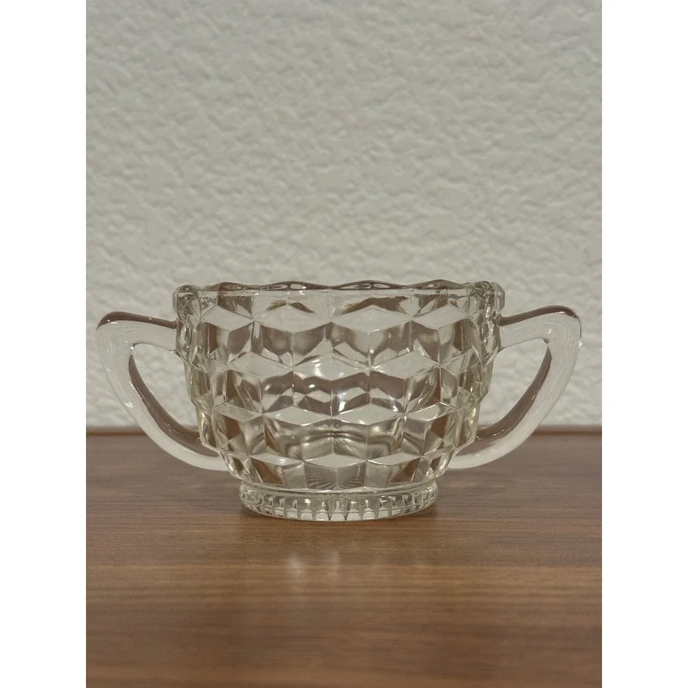 VTG Set of TWO Jeannette Depression Glass Clear Cubist Sugar Condiment 3.5